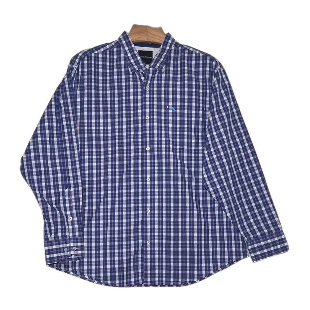Tommy Bahama Button-Up Shirt Mens 1XB Blue Gingham Check 100% Pima Cotton Poplin